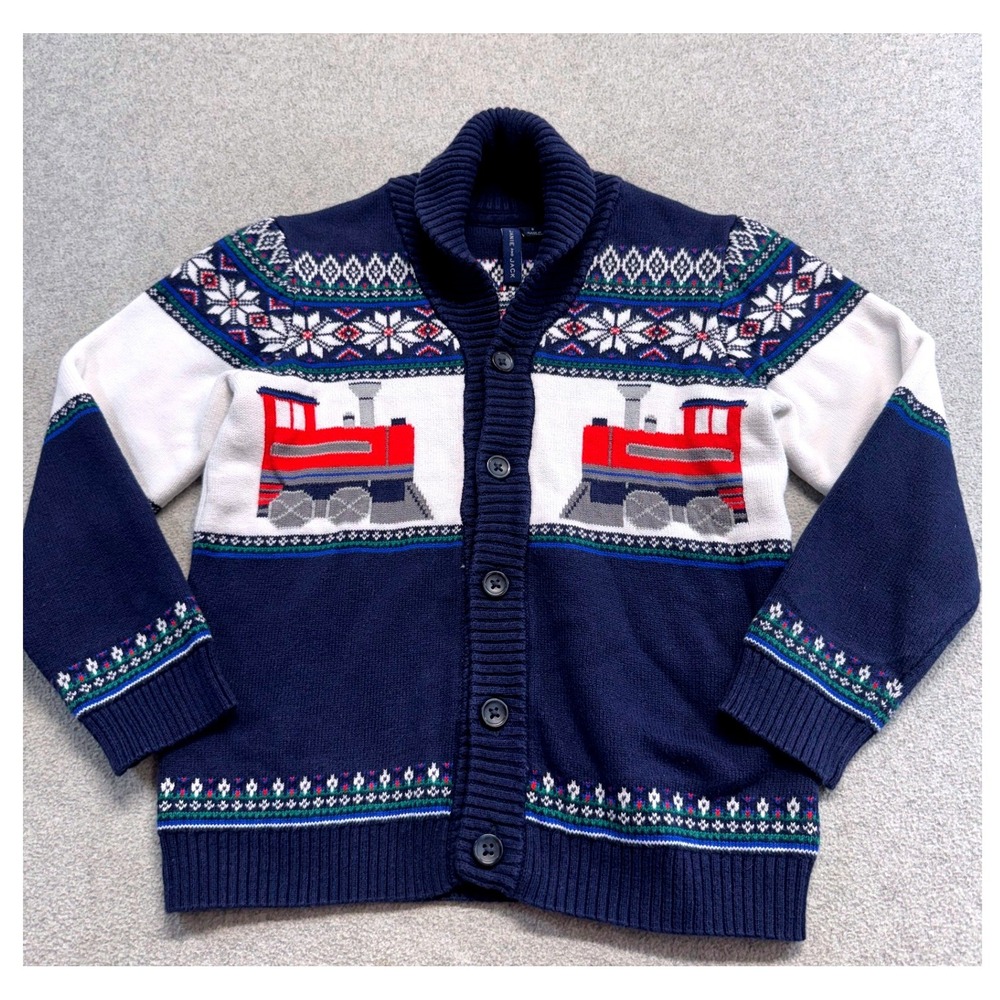 Janie and Jack Boys 6 Train Cardigan Sweater Fair Isle Navy Red Shawl Collar